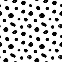 Polka dot grunge seamless vector pattern. Brush strokes circles and rounded forms. Hand drawn abstract ink background.