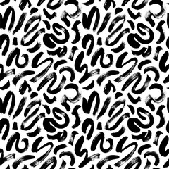 Wavy and swirled brush strokes vector seamless pattern. Black paint freehand scribbles, abstract ink background.