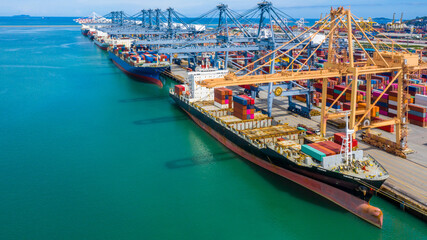 Aerial view container cargo ship, import export commerce global business trade logistic and...