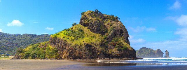 Fototapeta na wymiar Lion Rock on Piha beach, New Zealand