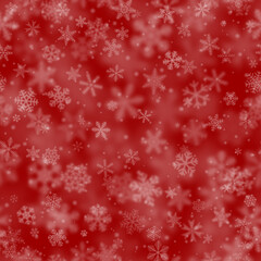 Christmas seamless pattern of snowflakes of different shapes, sizes, blur and transparency on red background