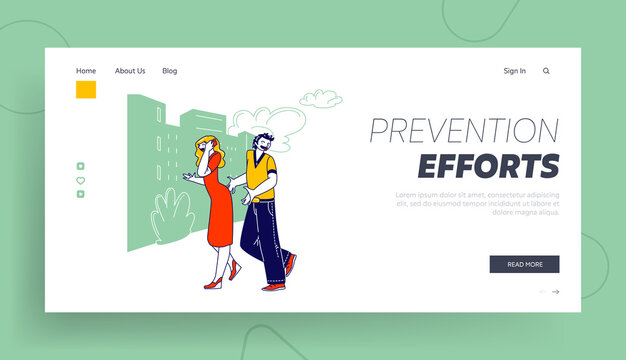 Sexual Harassment Landing Page Template. Young Woman In Red Dress Talking by Smartphone, Grinning Male Character with Lustful Face Trying to Touch Girl Buttocks. Linear People Vector Illustration