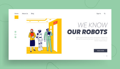 Obraz na płótnie Canvas Robot and Human Competition Landing Page Template. Job Seekers Characters and Cyborg Waiting Work Interview at Office Hall. Artificial Intelligence Technologies. Linear People Vector Illustration