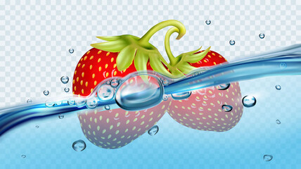 Realistic transparent isolated vector  with strawberries in water splash and drops. Vector illustration