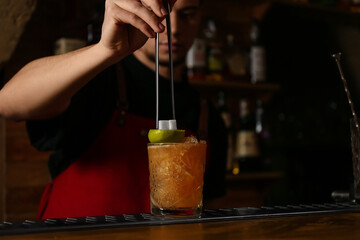 Bartender decorating glass of fresh alcoholic cocktail at bar counter, closeup