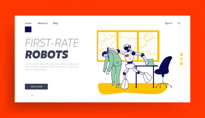 Artificial Intelligence Domination Competition Landing Page Template. Cyborg Kicked Human Character Away from Job. Robot Work Instead Man Fired and Thrown Out of Office. Linear Vector Illustration