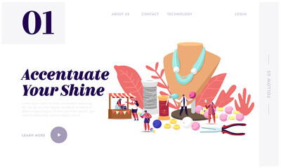Handmade Craft Landing Page Template. Tiny Female Characters Jewelry Designers Create and Sell Bijouterie Necklaces, Earrings, Bracelets Using Beads and Instruments. Cartoon People Vector Illustration