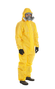 Man wearing chemical protective suit on white background. Prevention of virus spread