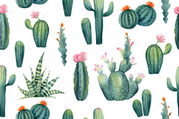 Watercolor hand painted seamless pattern of green cactus with pink flower. Clipart illustration of houseplant succulent for design background, web template, digital paper, home decor, botanical print.
