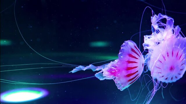 Sea nettle Jellyfish swimming in an aquarium with changing colored lighting.