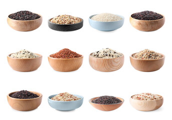 Set with different types of rice in bowls on white background