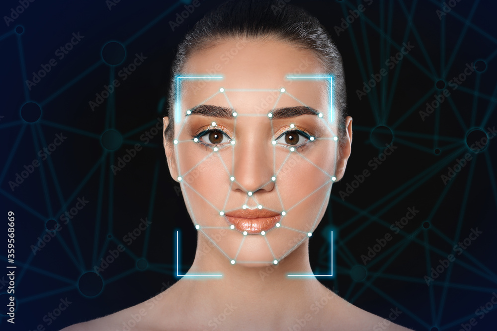 Poster facial recognition system. woman with scanner frame and digital biometric grid on dark background