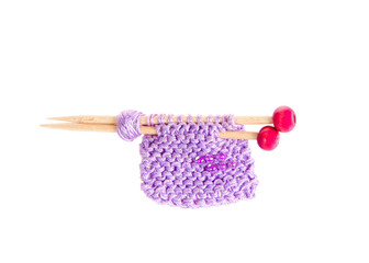 Toothpick knitting needles with thread knit project, isolated. Fun tiny crafts.