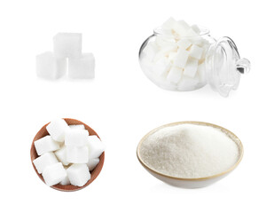 Fototapeta na wymiar Set with refined sugar on white background