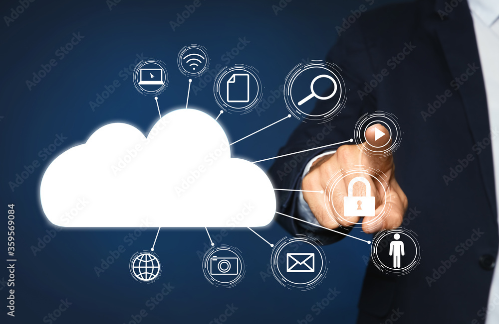 Poster cloud computing and storage concept. man pointing at virtual icon on blue background, closeup