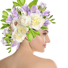 Young woman with beautiful makeup wearing flower wreath on white background