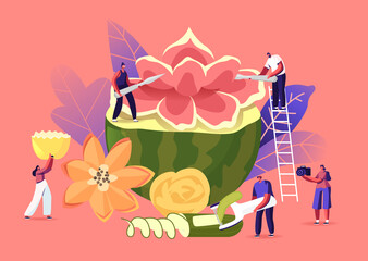 Tiny Characters Carving Huge Fruits and Vegetables. People Make Beautiful Flower of Watermelon. Traditional Thailand Art of Fruit and Vegetable Carving, Food Sculptures. Cartoon Vector Illustration