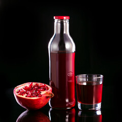 Pomegranate juice and red pomegranate fruit on black background. Premium product.