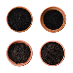 Set of flower pots with soil on white background, top view