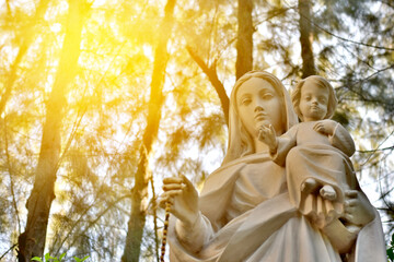 Statue of Our lady and child Jesus in catholic church, Thailand. selective focus.