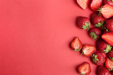 Tasty ripe strawberries on red background, flat lay. Space for text - Powered by Adobe