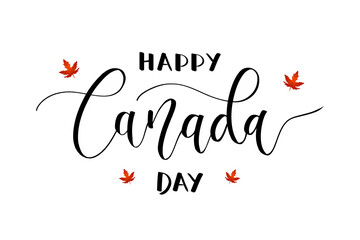 Vector isolated handwritten lettering logo for Canada Day with realistic red maple leaf. Concept of Happy Canada Day.