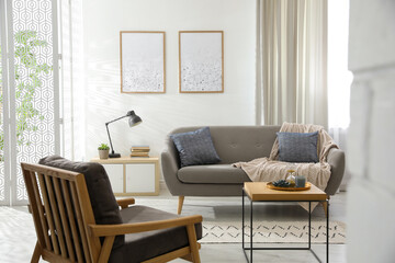 Modern living room interior with comfortable sofa and armchair