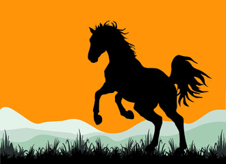 dark silhouette of a wild horse galloping against the evening sky, vector isolated  color image
