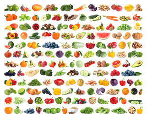 Set of fruits, vegetables. berries and nuts on white background