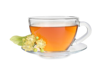 Cup of tea and linden blossom on white background