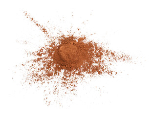 Brown cocoa powder on white background, top view