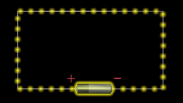 Electricity flowing through circuit with battery. Clockwise motion. 3d animation