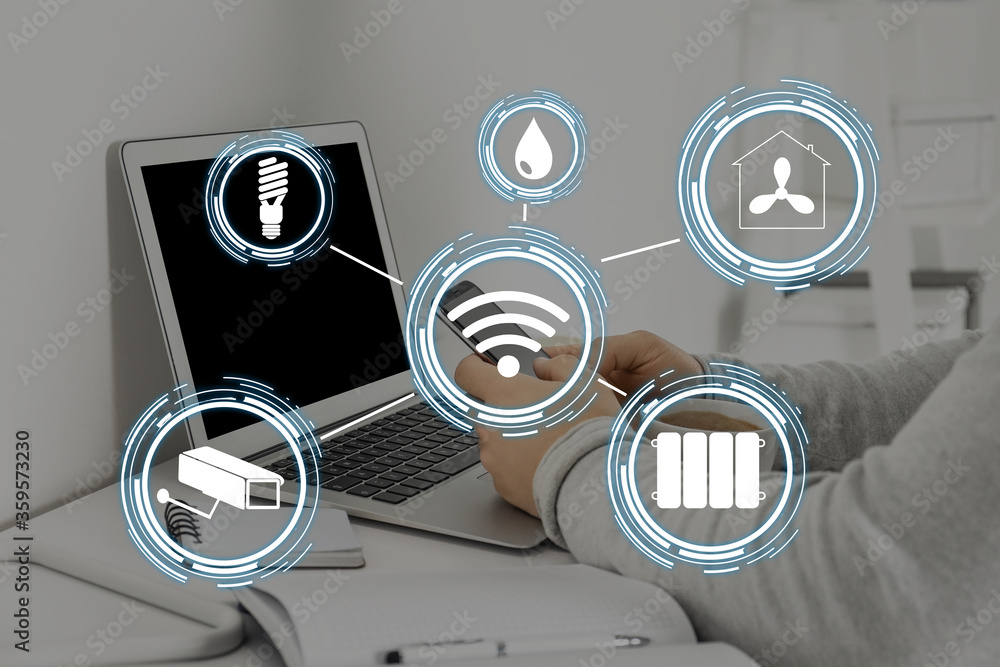 Poster man using application on mobile phone to control smart home, closeup. automatic systems
