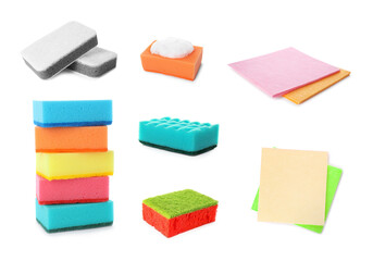 Set with different sponges on white background. Cleaning service