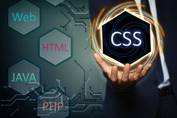 Web development. Man and virtual screen with different icons on color background, closeup