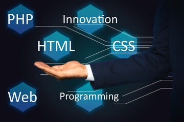 Web development. Man and virtual screen with different icons on color background, closeup