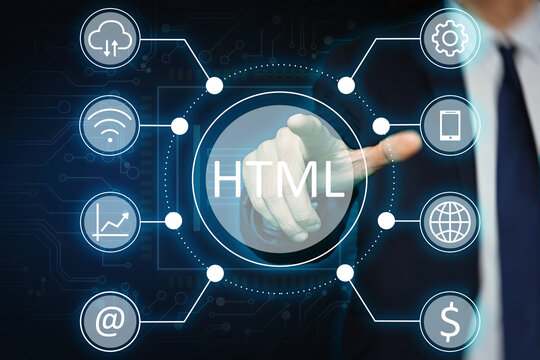 Web development. Man and virtual screen with different icons on color background, closeup