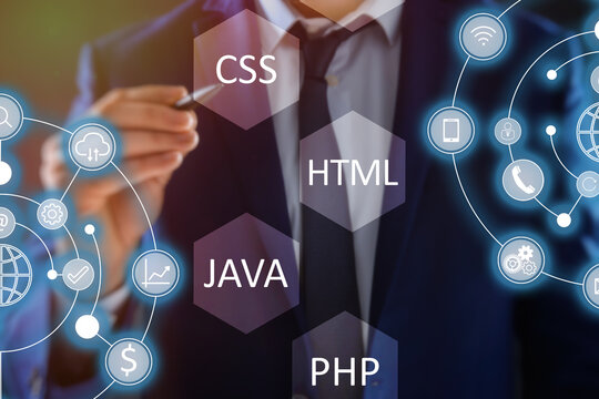 Web development. Man and virtual screen with different icons on color background, closeup