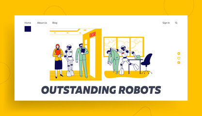 Obraz na płótnie Canvas Human Characters Vs Robots Landing Page Template. Cyborg Kicking Employee Out of Office. Job Seekers Wait in Hall for Interview. Future and Artificial Intelligence. Linear People Vector Illustration