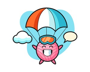 Yarn ball cartoon is skydiving with happy gesture