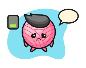 Yarn ball cartoon doing a tired gesture