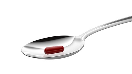 Spoon with red capsule isolated on white background. Closeup. 3d illustration. Stainless steel utensil.