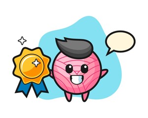 Yarn ball cartoon holding a golden badge