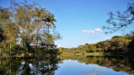 Fototapeta na wymiar Céu e a natureza refletida na água da lagoa do parque da cidade em um belo fim de tarde
