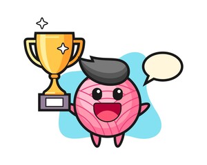 Yarn ball cartoon happy holding up the golden trophy