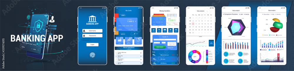 Aufkleber Design mobile app UI, UX, KIT. Banking mobile application on five touch screens with smartphone mockup. Web User interface (Payment menu, bank card management, transactions, graphics and other) Vector