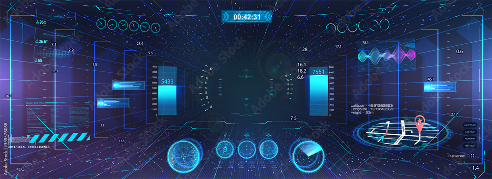 Poster Display VR with Head Up Interface HUD. Futuristic technology design display. View from the cockpit, Sci-fi helmet. Virtual reality with User interface GUI, UI, HUD. Navigation, gadgets, menu. Vector