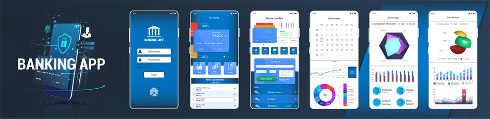 Design mobile app UI, UX, KIT. Banking mobile application on five touch screens with smartphone mockup. Web User interface (Payment menu, bank card management, transactions, graphics and other) Vector - obrazy, fototapety, plakaty