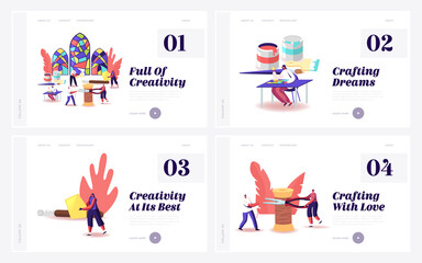 Stained Glass Producing Landing Page Template Set. Tiny Characters with Huge Tools Create Windows made of Colorful Painted Pieces. Glasswork, Creative Hobby. Cartoon People Vector Illustration