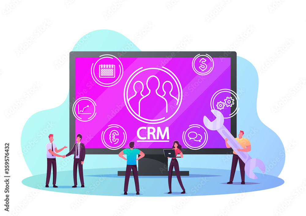 Poster crm system, customer relationship management concept. tiny manager characters analysing clients prof